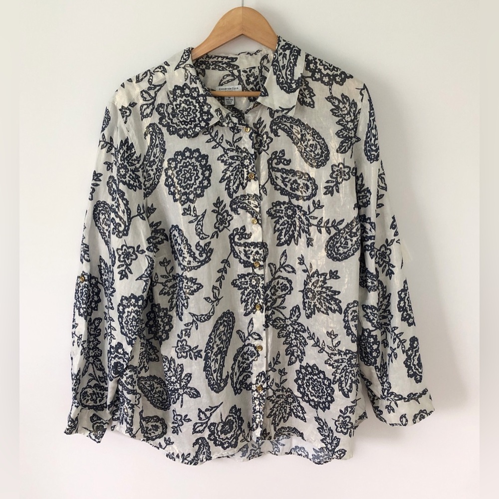 Charter Club Woman Weekend 100% linen Button Up Top Plus 3X Shimmer Plus Paisley